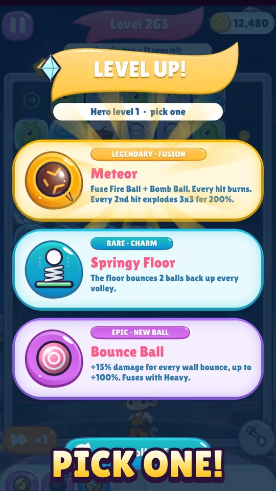 Ball Heroes level-up screen: pick one of three cards