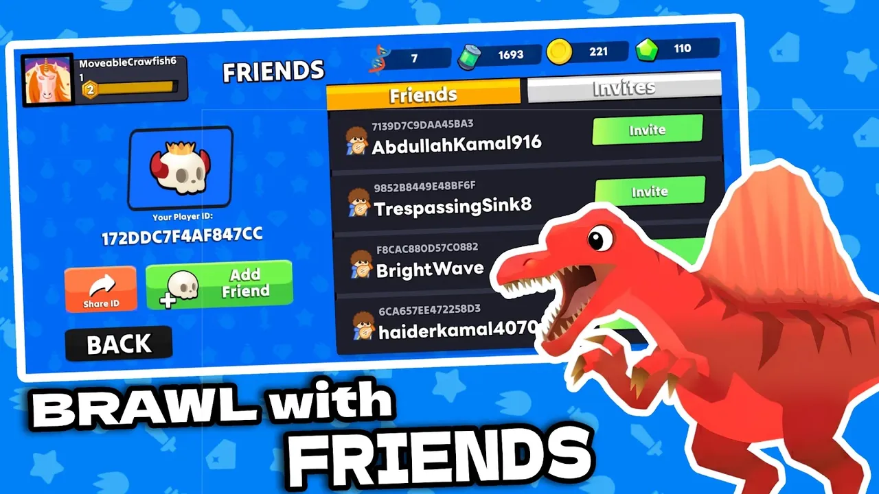 Friends screen with Player ID, invites and add friend